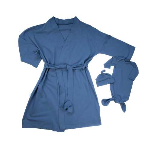 Steel blue labor and delivery gown maternity robe and baby gown and hat
