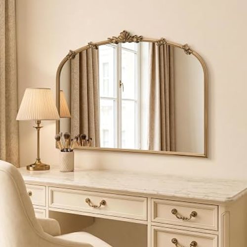 Besdomus Vintage Gold Mirror for Vanity: 32"x24" Traditional Ornate Arched Mirror - French Baroque Antique for Wall/Mantel/Bedroom/Entryway/Bathroom/Hallway - Ideal for Fashion-Conscious