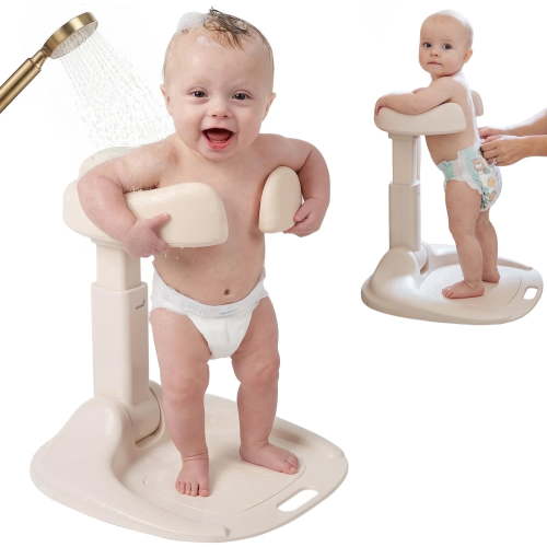 Grownsy Baby Bath Stand, Adjustable Baby Shower Stand, Anti-Slip Toddler Shower Stand for 6-36 Months, Foldable Baby Shower Standing Support with Shower Holder