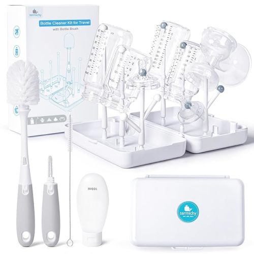 Termichy Travel Bottle Cleaning Kit: Portable Drying Rack & Brush Set for Working Moms - Compact Baby Essentials for Hotel & Camping