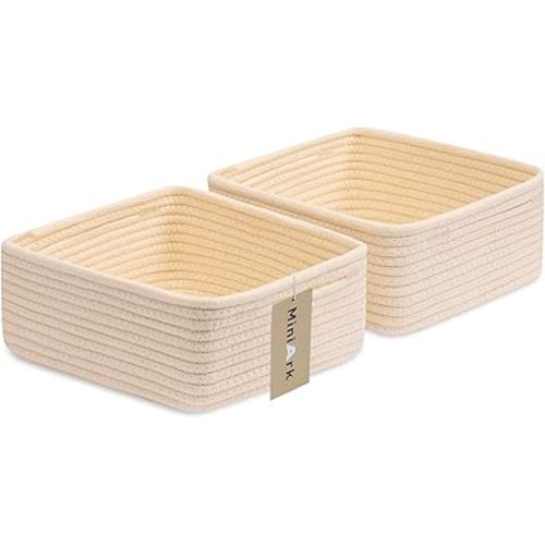 Small Square Shallow Baskets for Organizing, 9.7x9.7x4.3 Inch Rope Woven Storage Bins for Cubes Closet, Shelves Storage, Boho Decorative Basket, 2 Packs Beige