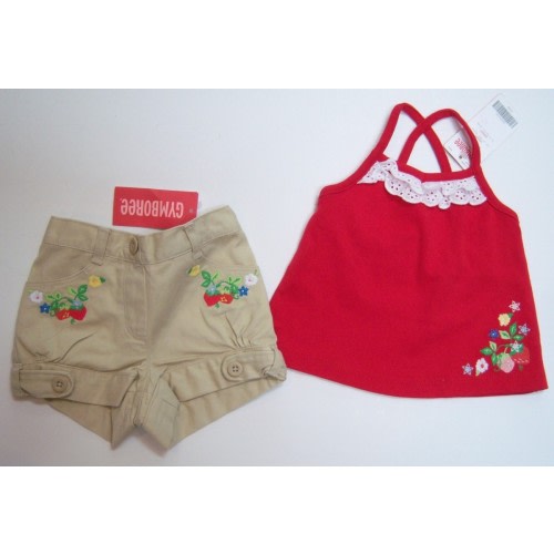 NWT Gymboree Strawberry Farm 3-6 Months Eyelet Top Embroidered Khaki Tab Shorts