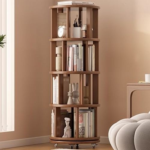 Solid Wood Rotating Bookshelf with Brake Wheels, 360°Display 4 Tier Floor Stackable Spinning Bookshelf Tower for Kids&Adults, Revolving Bookcase for Small Space,Corner(Walnut)