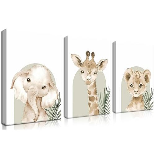 Nursery Wall Decor Set of 3, Cute Animal Lion Elephant Baby Pictures Poster Prints, Giraffe Jungle Canvas Wall Art Woodland Nursery Decor for Boys Girls Room Decoration 12x16 inch Framed