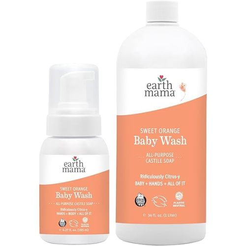 Earth Mama Baby Wash with Gentle Castile Soap for Sensitive Skin, Sweet Orange, 5.3-Fluid Ounce and Liter Refill (Packaging May Vary)