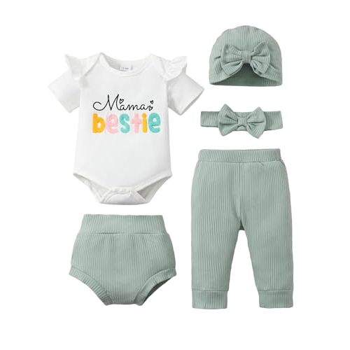 SUNNY PIGGY Baby Girl Clothes Infant Newborn Girls Outfits Romper with Headband Hat Pants Shorts Set 5Pcs