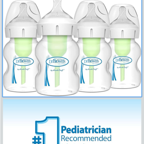 Dr. Brown's Natural Flow Anti-Colic Options+ Wide-Neck Baby Bottles 5 oz/150 mL,with Level 1 Slow Flow Nipple,4 Pack,0m+