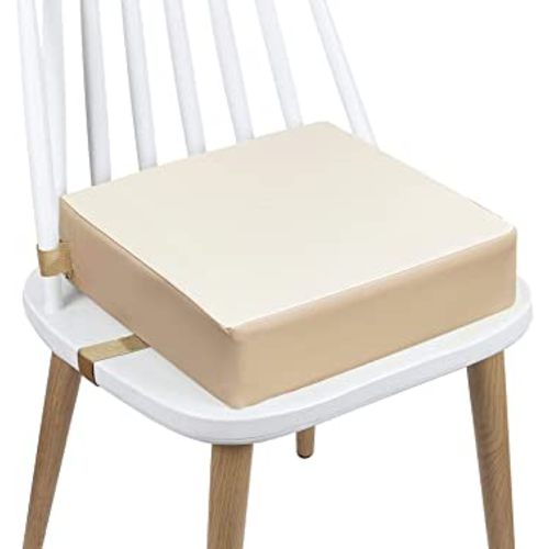 Toddler Booster Seat Dining, Washable 2 Straps Safety Buckle Kids Booster Seat for Dining Table, Portable Travel Increasing Cushion (Beige-PU)