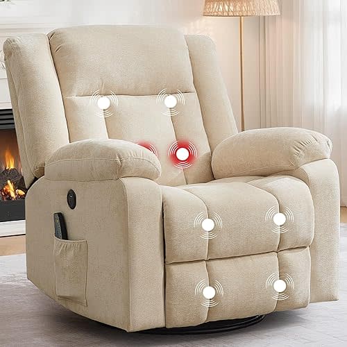 Korser Rocker Recliner, Glider Recliner Chairs for Adults, 360° Swivel Rocking Chair with Massage and Heating, Nursery Chair with Storage and USB Charging, Khaki, Swivel Rocker Recliner
