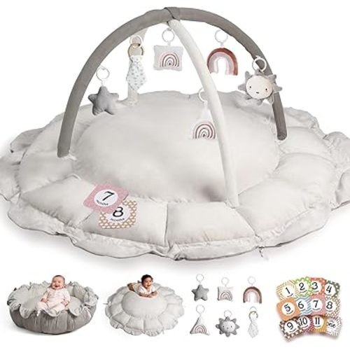 Little Dove 5-in-1 Convertible Baby Play Gym with 6 Toys, Tummy Time Mat for Sensory Development, Baby Activity Center from Newborn to Toddler, Ball Pit, Soft Plush Pet Mat, No Ball Included Grey