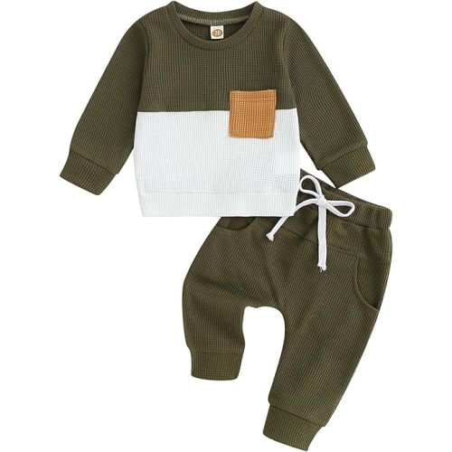 Toddler Baby Boy Fall Clothes Waffle Contrast Color Sweatshirt Pants Sets Infant Winter Outfits 6 12 18 24 Months