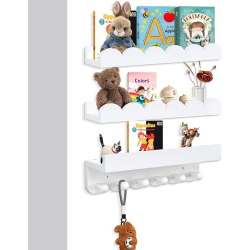3-Tier Nursery Book Shelves Scalloped Wall Book Shelves for Bedroom Kids with Hooks 40cm White Bookshelves for Nursery Bookshelf Wall Room Decor