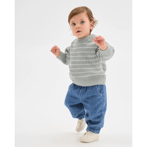 Baby Organic Cotton Chunky Rib Knit Jumper - Stripe Teal