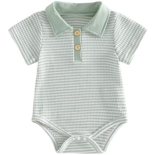 VISGOGO Baby Boy Striped Romper Waffle Short Sleeve Button Oversized Bodysuit Summer Baby Collared Onsie Polo Shirt Clothes