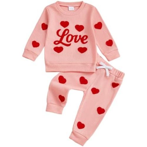 BULINGNA Toddler Baby Girl Valentine Outfit Heart Embroidery Long Sleeve Sweatshirt Tops Pants Set Fall valentine Clothes