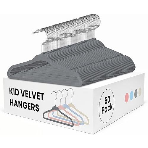 Simple Deluxe Kids Velvet Hangers 50 Pack, Non-Slip Baby Hanger for Infant & Toddler Clothes, 11 Inch Durable Children Hangers for Closet, Grey