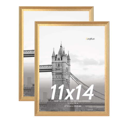 FungYuan 2 PACK 11x14 Picture Frame set made of hd glass, wall and tabletop display photo frame, Gold