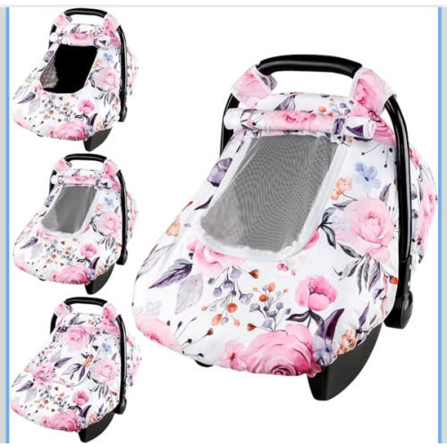 Floral Baby Carseat Cover Girls, Pea Pod Infant Car Seat Covers Canopy for Newborn with 2 Layers Windows of Breathable Mesh/Fabric, Lightweight Polyester/Minky Dot Backing, Snug Fit Most Baby Car Seat