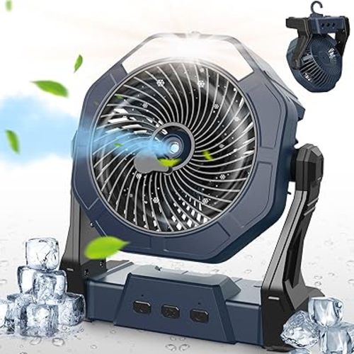 Ausic Portable Misting Camping Fan, 8" Outdoor Cooling Fan with LED Light, Water Spray, Hook, Battery Operated Rechargeable Fan for Sports Sidelines, Patio, Beach, Tent