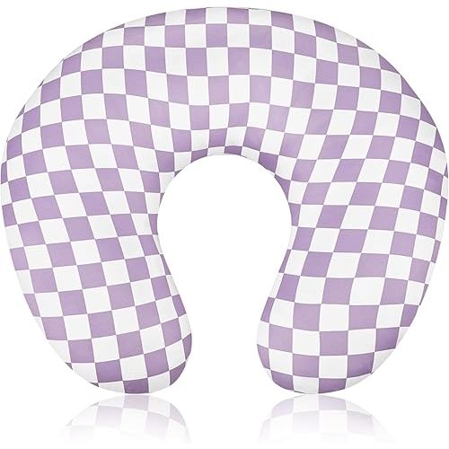 DILIMI Nursing Pillow Cover, Stretchy Removable Case for Breastfeeding Pillows, Ultra Soft Comfortable Slipcover for Baby Girl and Boy, Purple Checkered