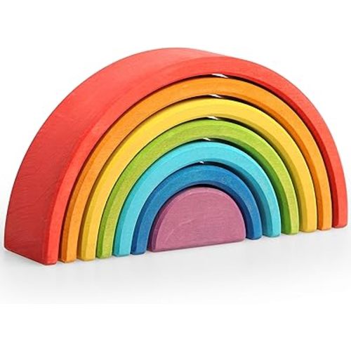 7Pcs Wooden Rainbow Stacker Toy, Wooden Rainbow Stacking Toy, Montessori Nesting Puzzle for Kids, Rainbow Blocks