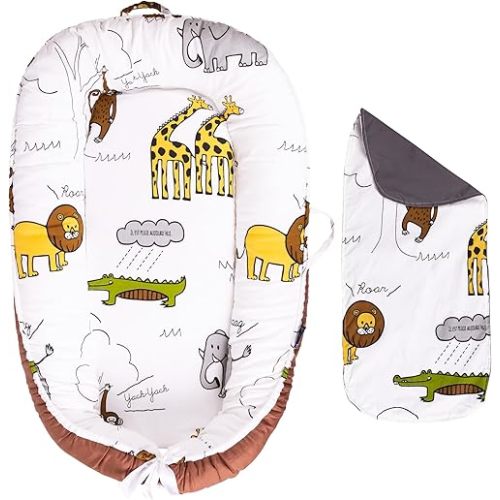 Baby Lounger - Infant & Newborn Lounger with 2-Inch Mattress Pad, Soft Baby Lounger Cover, Waterproof Urine Liner & Waterproof Pad Cover - BL03 Cotton Brown Zoo Animals