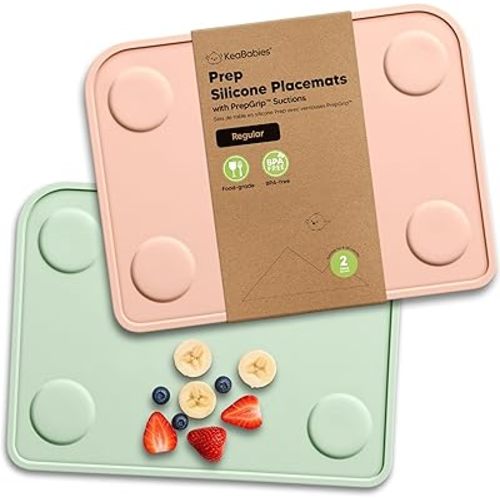 KeaBabies 2pk Silicone Placemats for Toddlers, Kids - 12x9 Non Slip Suction Baby Silicone Placemat for Restaurants, Dining Table,Travel, Easy to Clean,Food Grade/BPA-Free,Small Baby Table Mat(Mellow)