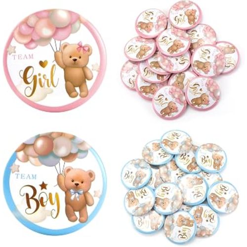 30PCS Gender Reveal Pins, 1.5 Inch Team Boy or Girl Pins with Cute Bear Design, Perfect for Gender Reveal Party Decorations & Game Activities