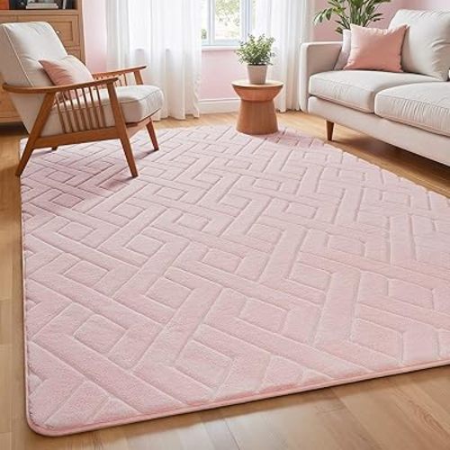 Ultra Soft Pink Area Rug for Living Room, 5x7 Modern Geometric Shag Rugs with Nonslip Backing for Bedroom, Washable Fuzzy Carpet for Cozy Kids Girls Room Nursery