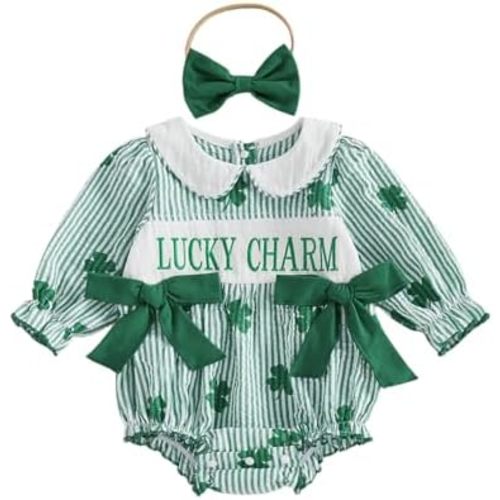 MoZiKQin Baby Girl St Patricks Day Outfit Shamrock Bubble Romper Long Sleeve Clover Onesie Jumpsuit Irish Baby Clothes