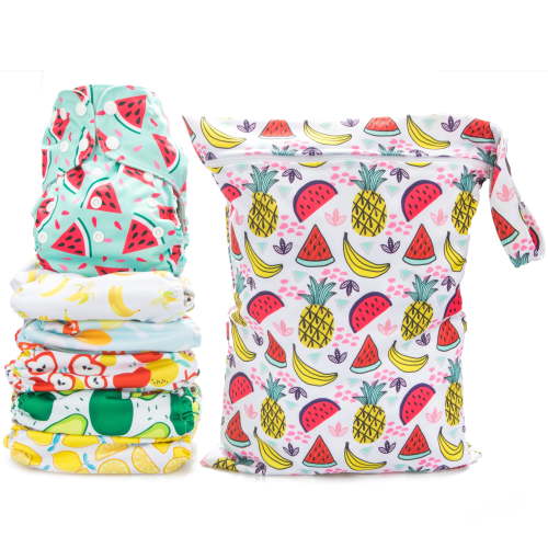 Simple Being Reusable Cloth Diapers, Double Gusset, One Size Adjustable, Washable Soft Absorbent, Waterproof Cover, Eco-Friendly Unisex Baby Girl Boy, six 4-Layers Microfiber Inserts (Foodie)