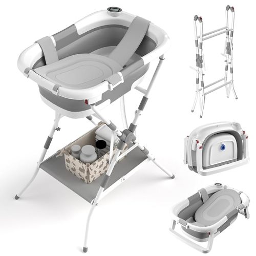 Baby Bathtub with Stand, 2-in-1 Collapsible Bath Tubs for Newborn to Toddler, Infant Bathtub with Folding Stand, Portable Bathtub for Baby Including Soft Cushion, Storage Pad (Gray)