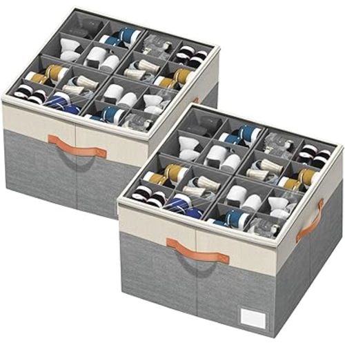 Aokeyee Shoe Organizer for Closet,2 Pack Foldable Shoe Storage Organizer Box Bin with Adjustable Dividers and Clear Cover, Fits up to 16-32 Pairs