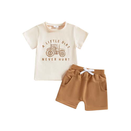 Toddler Baby Boy Summer Clothes Set 6 12 18 24 Months 2T 3T 4T Tractor Letter Print Short Sleeve T-Shirt Elastic Waist Solid Shorts Outfit Sets