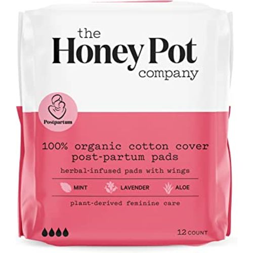 The Honey Pot Company Clean Cotton Postpartum Pads Herbal-Infused, Postpartum and Maternity Pads with Wings, Plant-Derived Feminine & Menstrual Care (Product) RED – 12 ct.