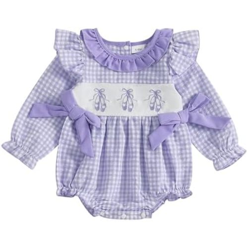 Newborn Baby Girl Clothes Ruffle Long Sleeve Bow Toeshoe Embroidery Plaid Bubble Onesie Romper Fall Winter Outfit