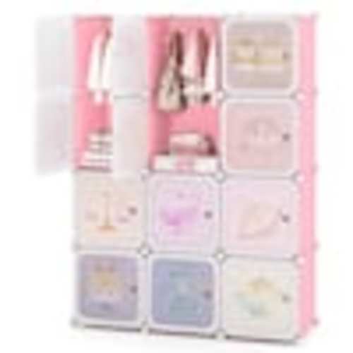 Costway Pink Plastic 43 in. 2-Cube Kids Wardrobe Baby Dresser Bedroom Armoire Clothes Hanging Closet with Doors HCST04797