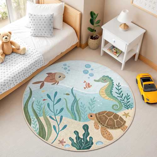 Underwater Ocean Kids Round Rug - Sea Life Playroom Carpet - Marine Theme Nursery Floor Mat - Seahorse and Turtle Circle Rug