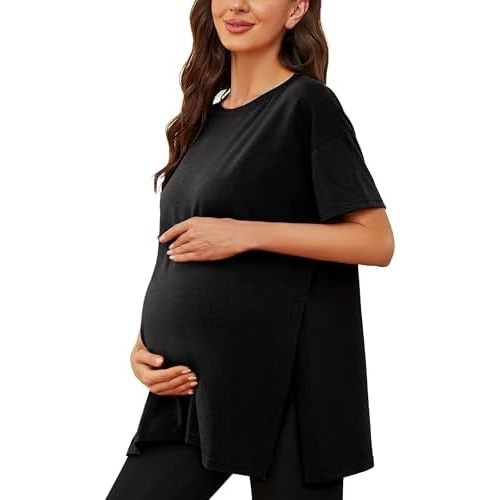 Ecavus Maternity Shirts Side Split Soft Cotton Loose Fit Pregnancy Tops