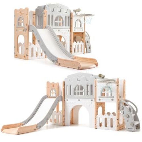 Toddler Slide 8 In 1 Toddler Playset for Toddlers Age 1-3,Playground with Climber, Crawling Tunnel, Basketball Hoop, Telescope, Pink Gray