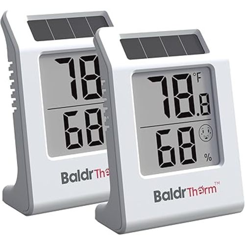 2.2'' Digital Thermometer and Hygrometer Meter, Solar-Powered Indoor Temperature Sensor Humidity Monitor, Humidity Gauge for Baby Rooms, Bedrooms, Home, Office, and Wine Cellars, White, 2Pack