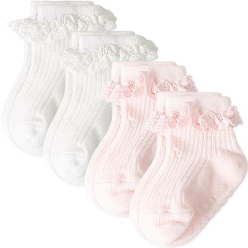 AQOKKA Baby Girl Toddlers Socks with Non-slip Grip Cute Frilly Ruffle Ankle Soft Cotton Newborn Baby Socks for Infant Kids