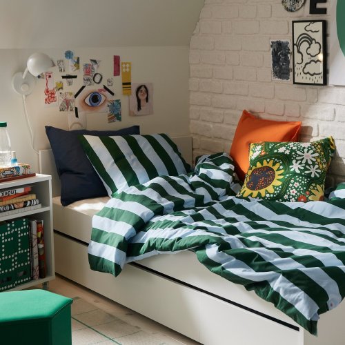 SLÅNHÖSTMAL Duvet cover and pillowcase(s) - light blue dark green/stripe Twin