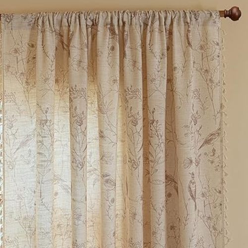 OYX Boho Curtains, Floral Curtains Beige with Garden Birds, Farmhouse Birds Drapes 63 Inches Length Semi Sheer, Rod Pocket Vintage French Country Window Curtain Set 2 Panels for Kitchen, Bedrooms