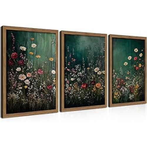 Vintage Wildflower Wall Art Set of 3, Moody Dark Green Flower Botanical Wall Decor Paintings,Nature Floral Farmhouse Landscape Posters Prints Pictures for Living Room Bedroom 12x16 Inch Wood Framed