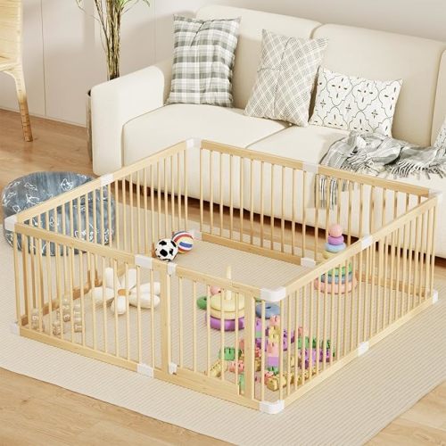 Large Wooden Baby Playpen, Adjustable Gate for Toddler and Babies, Foldable Fence Baby Play Yard with Door, Portable Safe Play Area Kids Activity Center(71.5x60x24inches)
