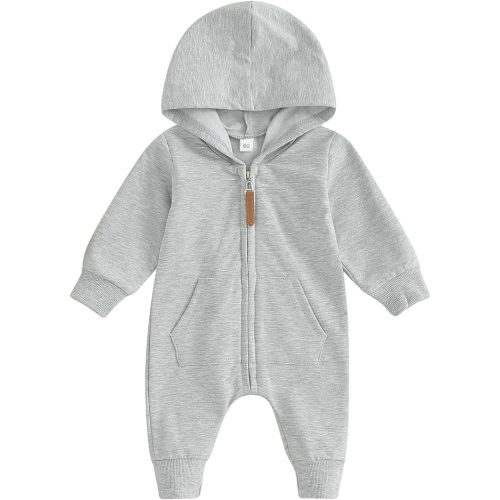 allshope Newborn Baby Boy Girl Fall Outfit Romper Long Sleeve Hooded Solid Zipper Jumpsuit Bodysuit Infant Clothes