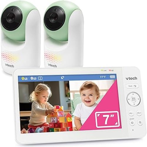 VTech 2-Cameras Video Baby Monitor with 7" Color LCD Screen, Rechargeable Battery, Video and Audio Streaming, Pan-Tilt-Zoom, Touch Multi-Color Night Light, Two-Way Talk: Advanced Max Twin (Green)