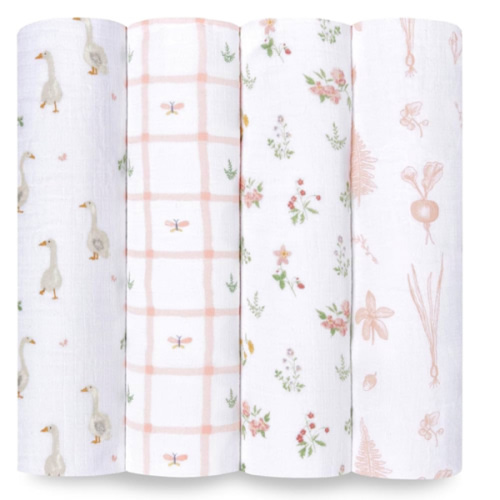 aden + anais Essentials Baby Muslin Swaddle Blankets, Newborn Receiving Blanket for Swaddling, 100% Cotton Baby Swaddle Wrap, 4 Pack, Country Floral