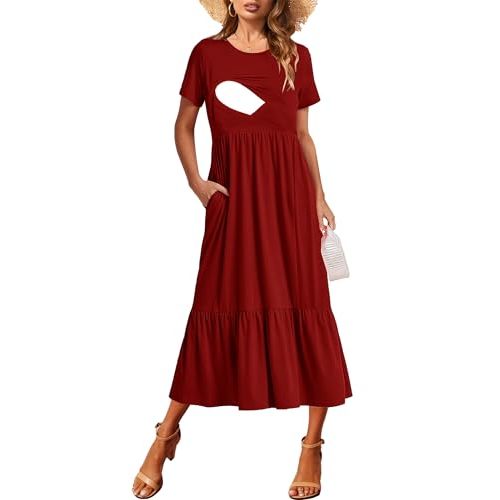 CzzzyL Women Nursing Short Sleeve Crew Neck Fall Dress Maternity Flowy Maxi Dresses Tiered Cocktail Dress with Pockets